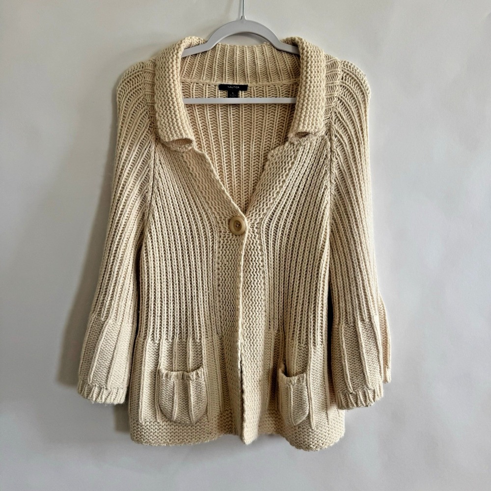 Nautica Womens‎ Merino Wool Angora Blend Cardigan Cream Chunky Knit L Fisherman